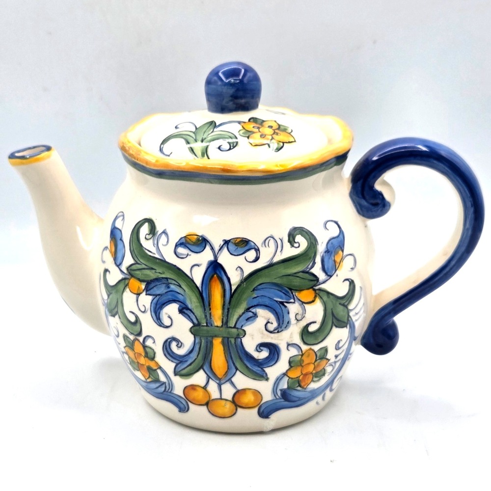 Tuscan Ceramic Teapot with Lid Cream Blue Yellow and Green - Gorgeous